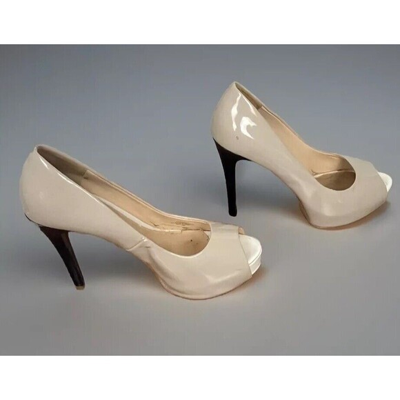 Guess Shoes Stiletto Dress High Heels Peep Toe Patches Nude Black Women 7.5 Twee - Picture 1 of 7